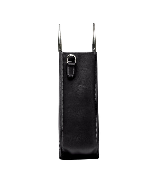 Soft Leather Tote in Sleek Black-Silver Handle